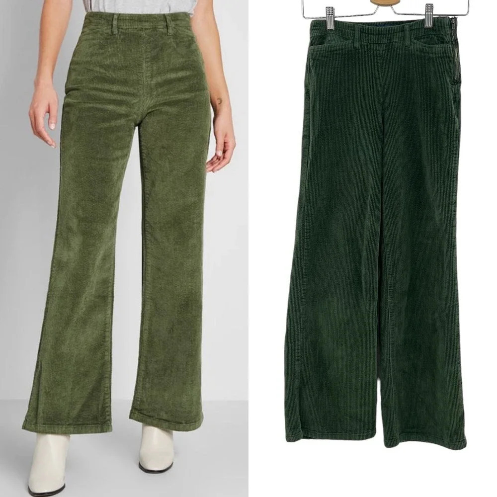 ModCloth The Boulder Wide Leg‎ Corduroy Pants In Olive Green Size 00